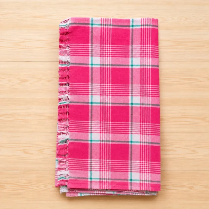 Pink checked cotton towel with classic checkered pattern