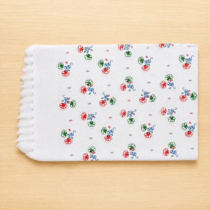 Premium white floral printed cotton towel with red green and blue floral motifs