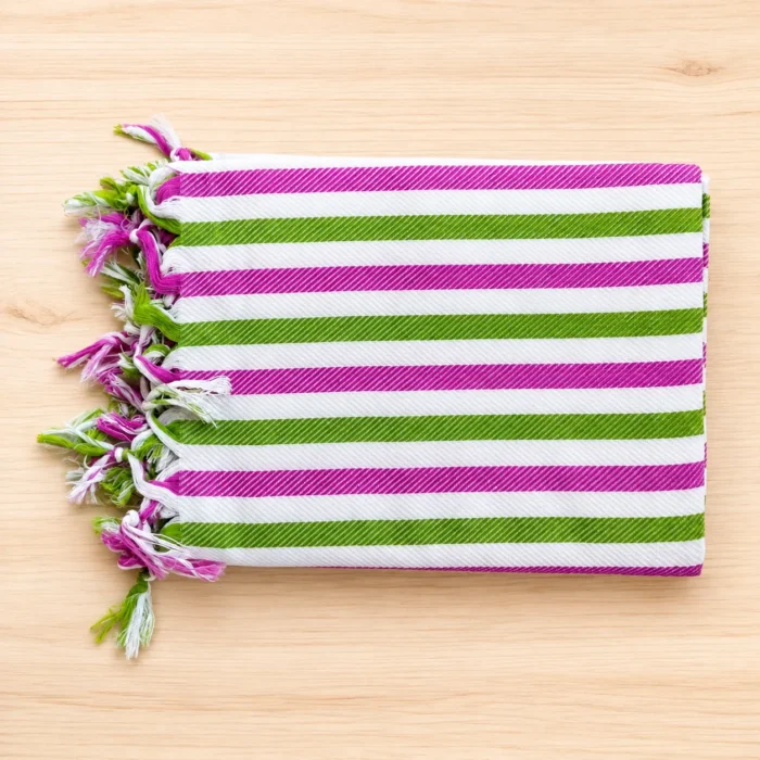 Premium pink and green striped cotton towel with white base and fringed edge