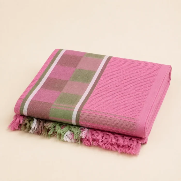 Premium pink cotton towel with square patterned border