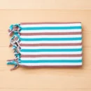 Premium teal blue and brown striped cotton towel with fringed edge