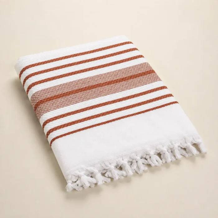 Premium white cotton towel with brown horizontal border stripes