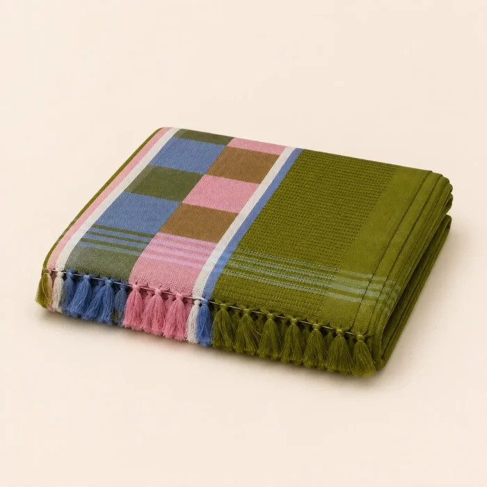 Premium olive green cotton towel with square patterned border