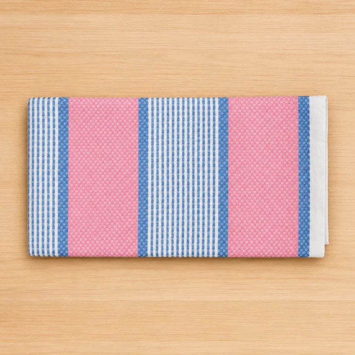 Premium pink and blue striped silk thread cotton towel with woven design