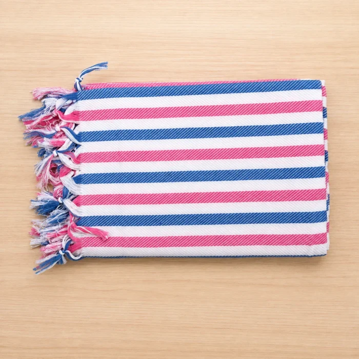 Pink and blue striped silk thread towel with fringed edge