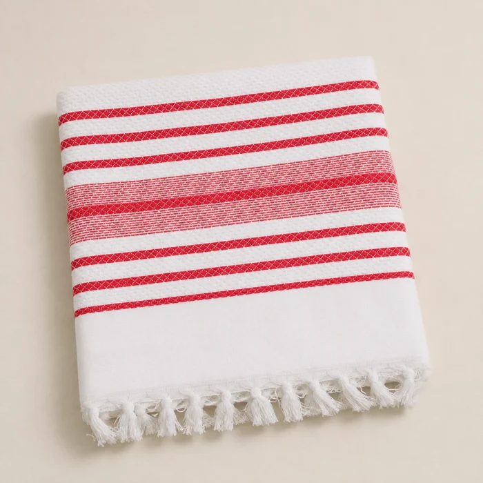 Premium white cotton towel with red horizontal border stripes