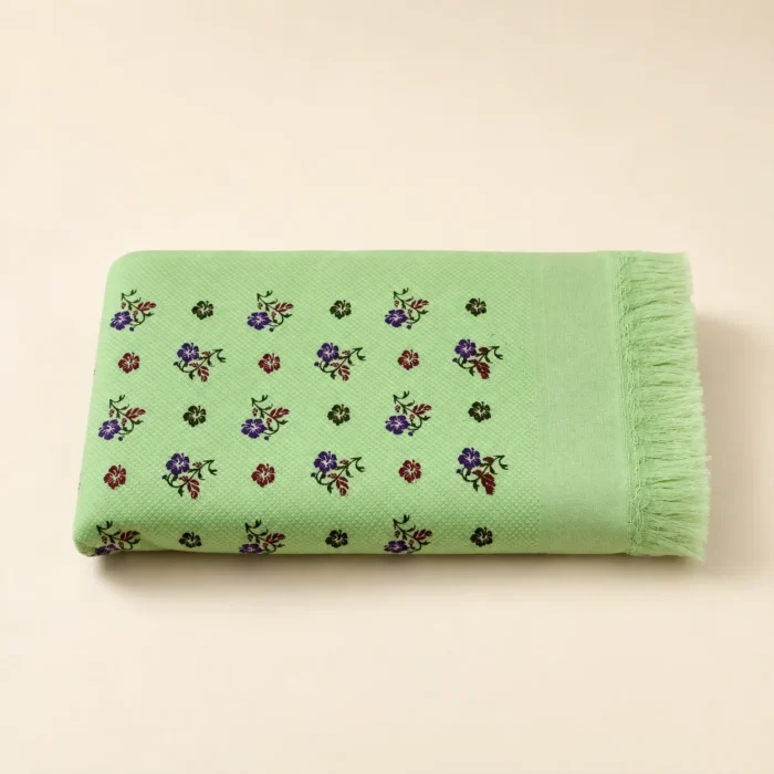 Premium light green printed cotton towel with colourful floral design