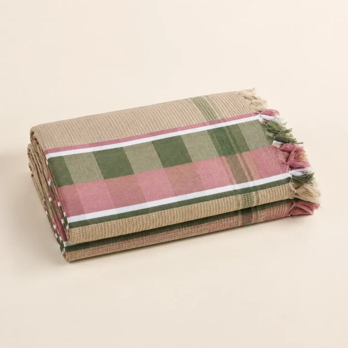 Premium beige cotton towel with olive green and pink square border