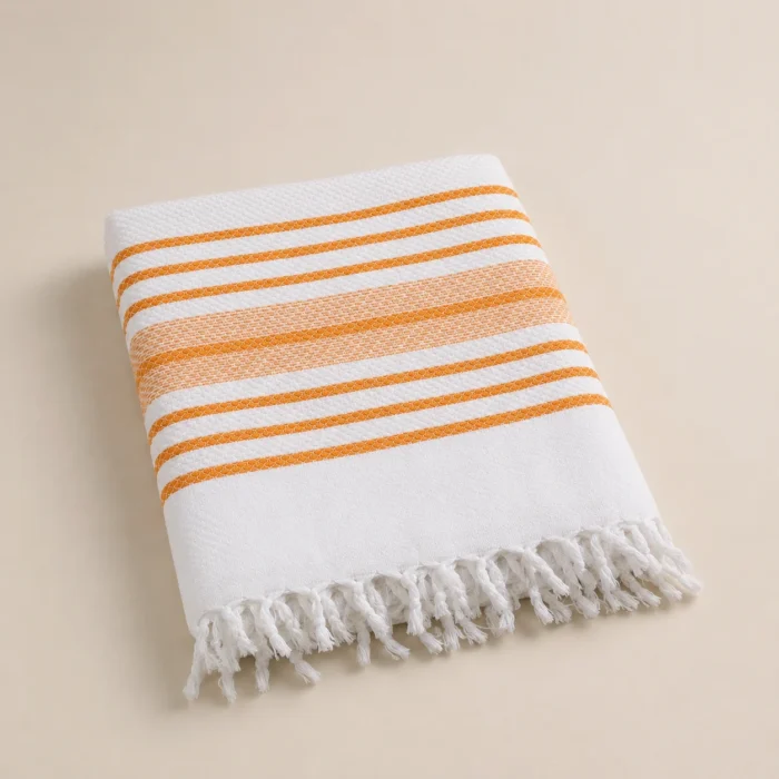 Premium white cotton towel with orange horizontal border stripes