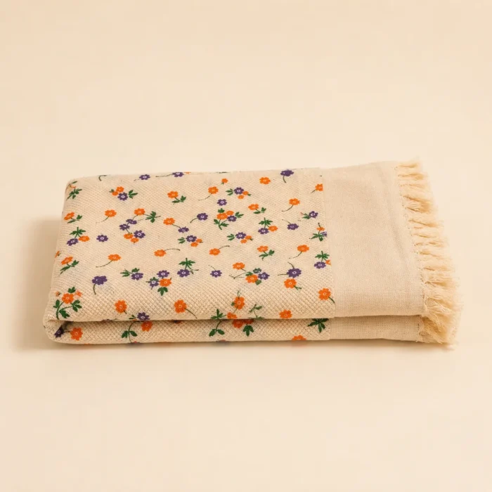 Premium cream printed cotton towel with colourful floral design