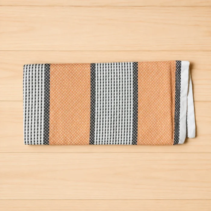 Premium orange and black striped silk thread cotton towel with white woven stripes
