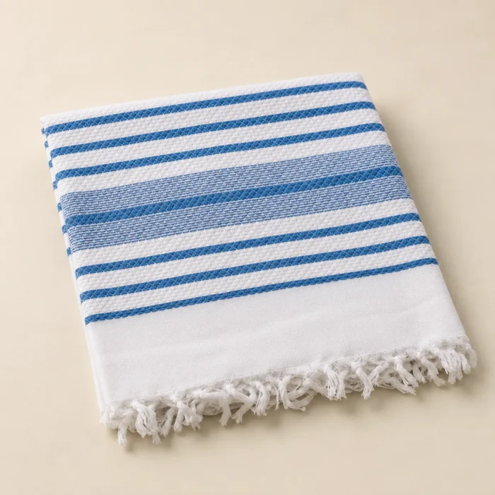 Premium white cotton towel with blue horizontal border stripes