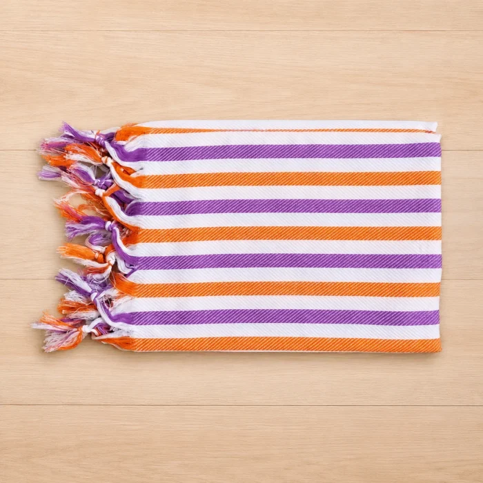 Premium orange and purple striped silk thread towel with fringed edge