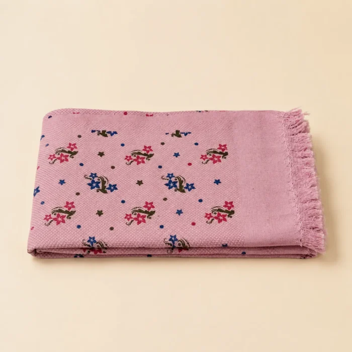 Premium light pink printed cotton towel with floral and paisley design