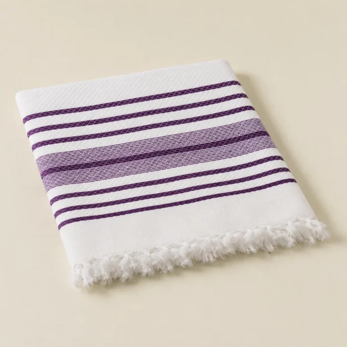 Premium white cotton towel with purple horizontal border stripes