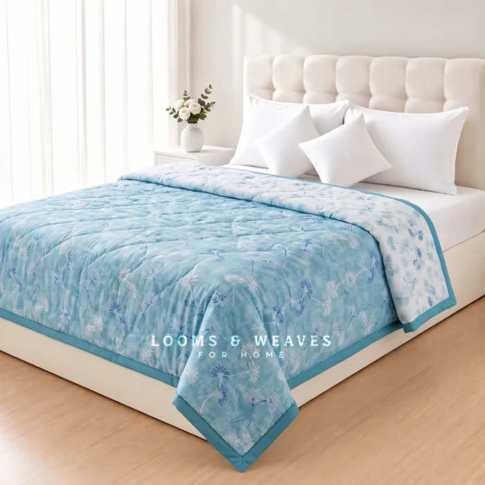 Aqua blue cotton dohar with floral print and soft lightweight design