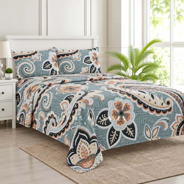 Azure paisley blue grey Super King bedspread with 2 matching pillow covers