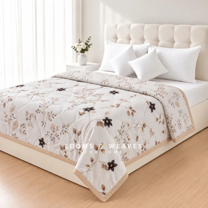 Beige cotton dohar with elegant botanical floral print and soft lightweight design