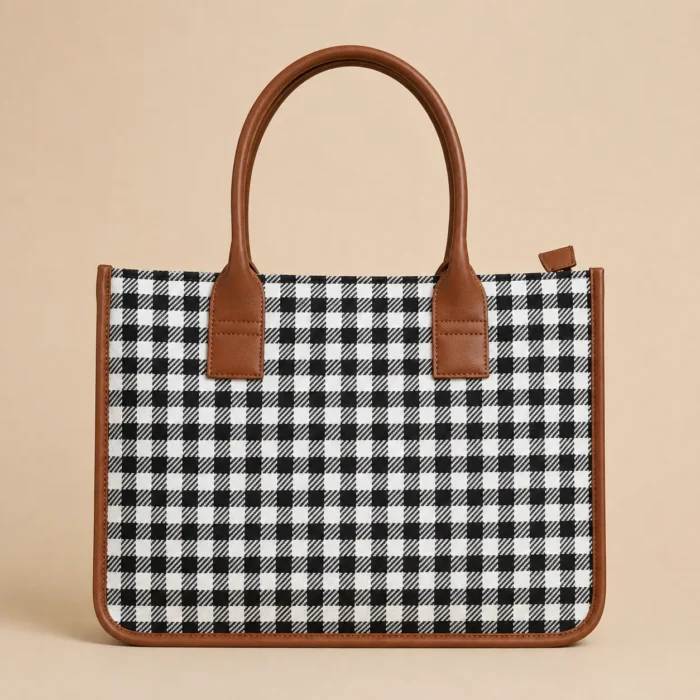 Premium black and white check jacquard tote bag with brown handles