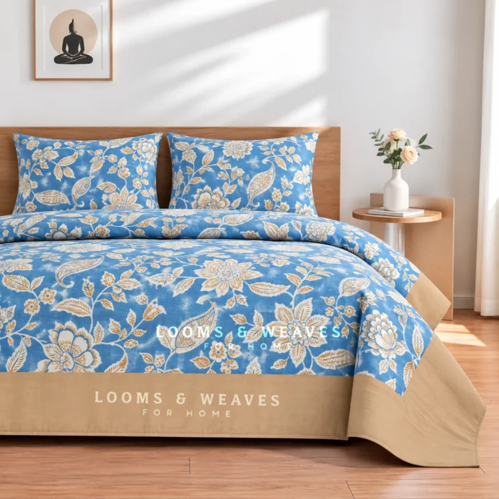 Blue floral Queen border bedspread with 2 pillow covers