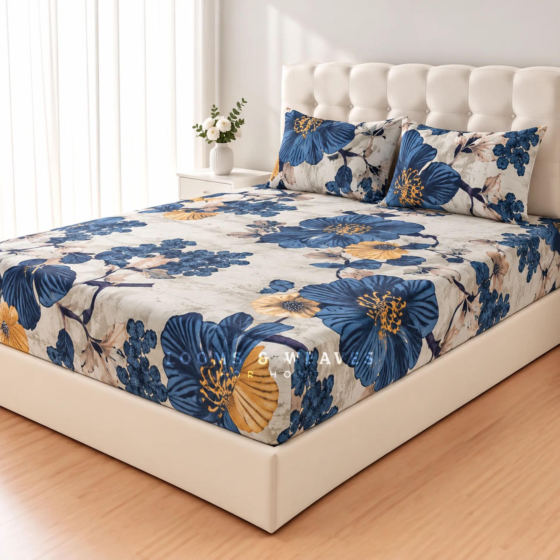 Blue garden floral queen fitted bedspread with 2 matching pillow covers