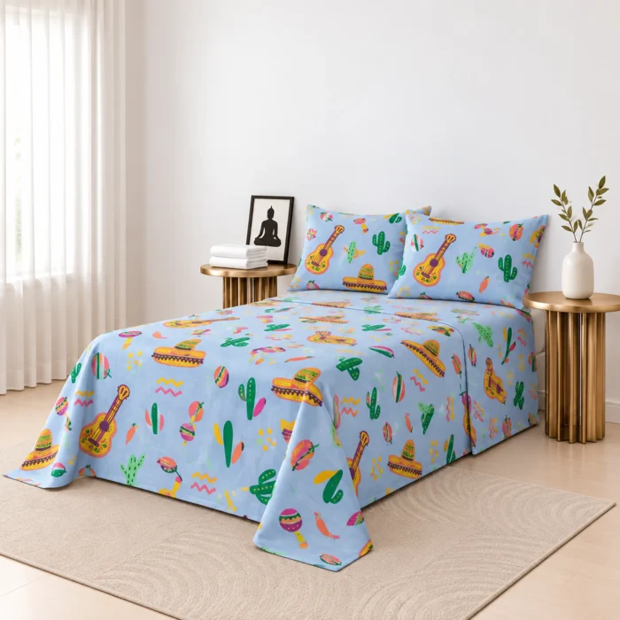 Blue fiesta printed single bedspread with 2 pillow covers