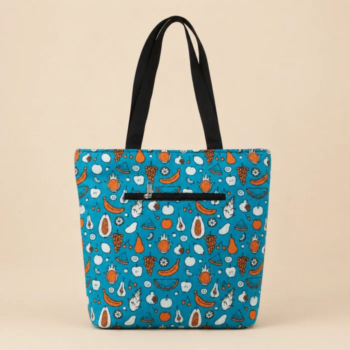 Premium blue fruit printed soft cotton tote bag