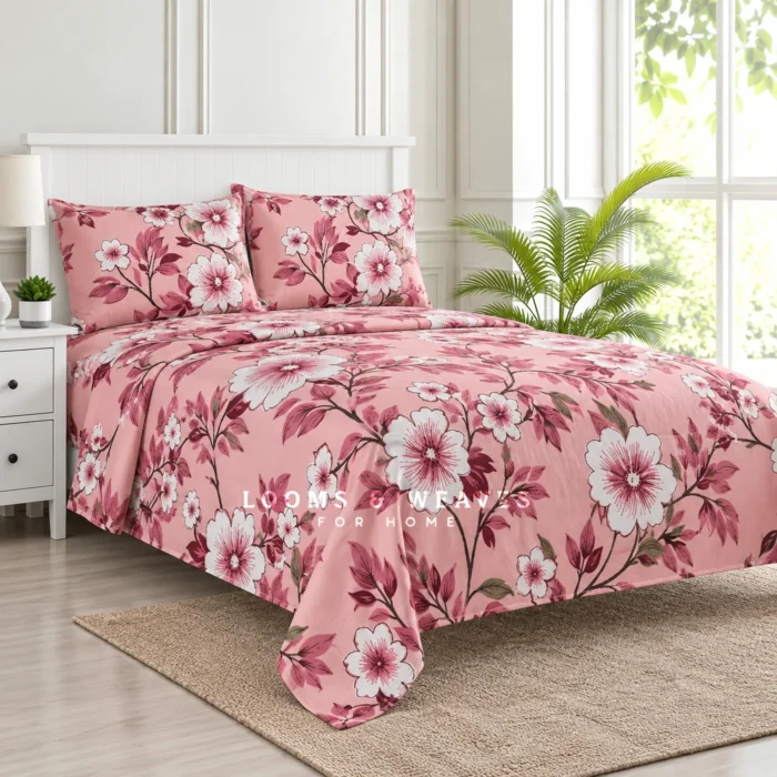 Blush pink floral Super King bedspread with 2 matching pillow covers