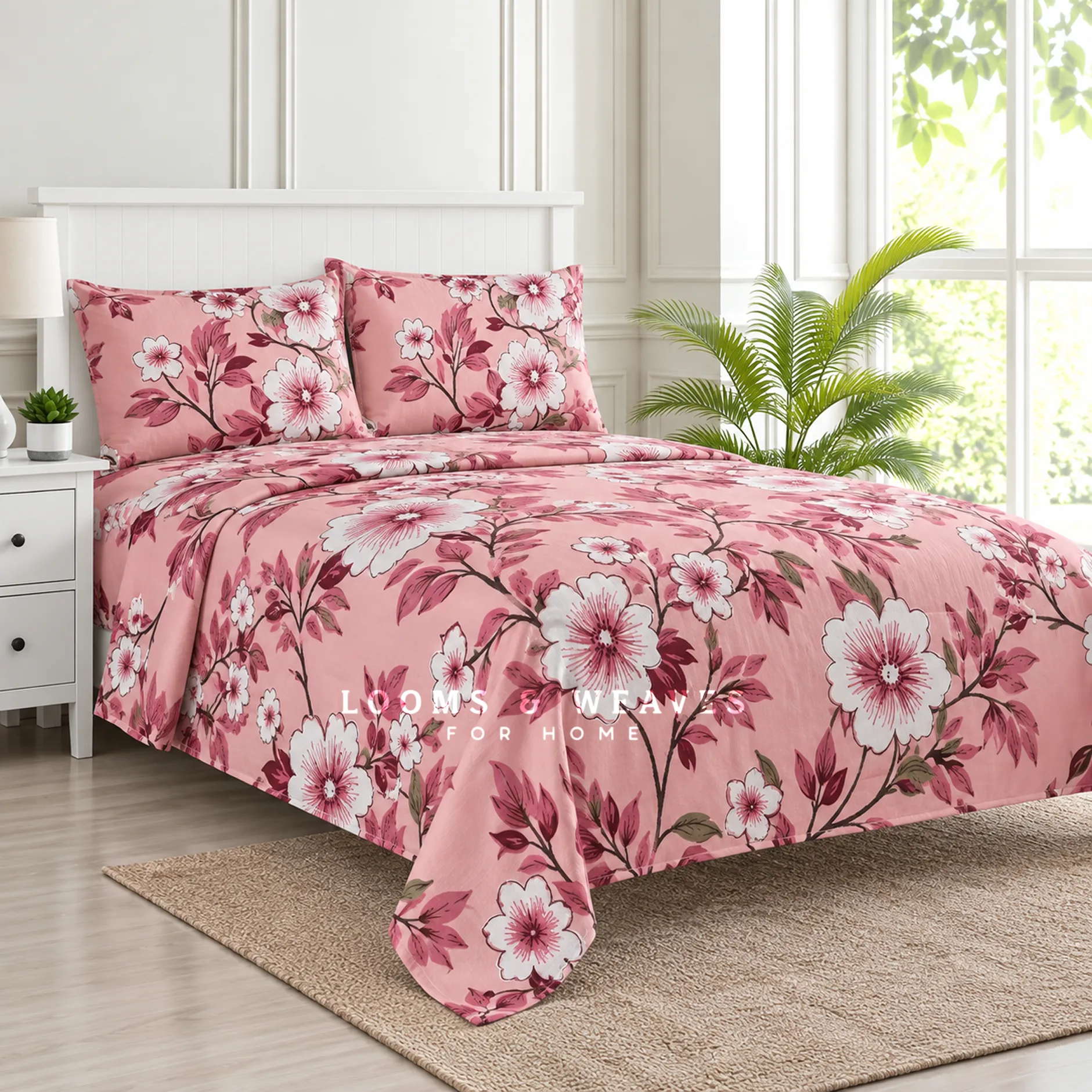 Blush pink floral Super King bedspread with 2 matching pillow covers