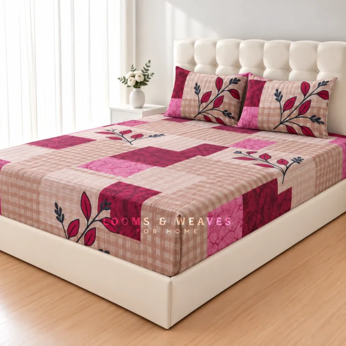 Blush Patchwork Leaf Queen Fitted Bedspread with 2 Pillow Covers
