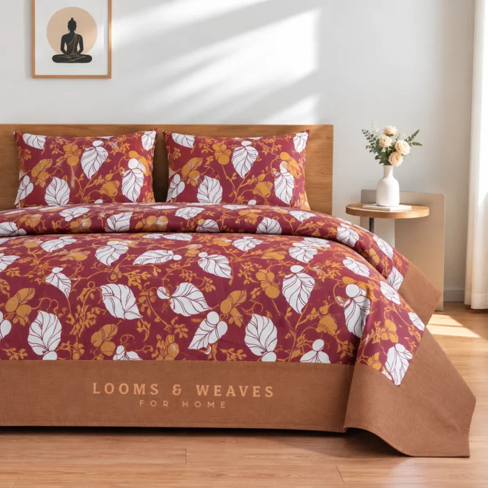 Maroon botanical leaves Queen border bedspread with 2 pillow covers