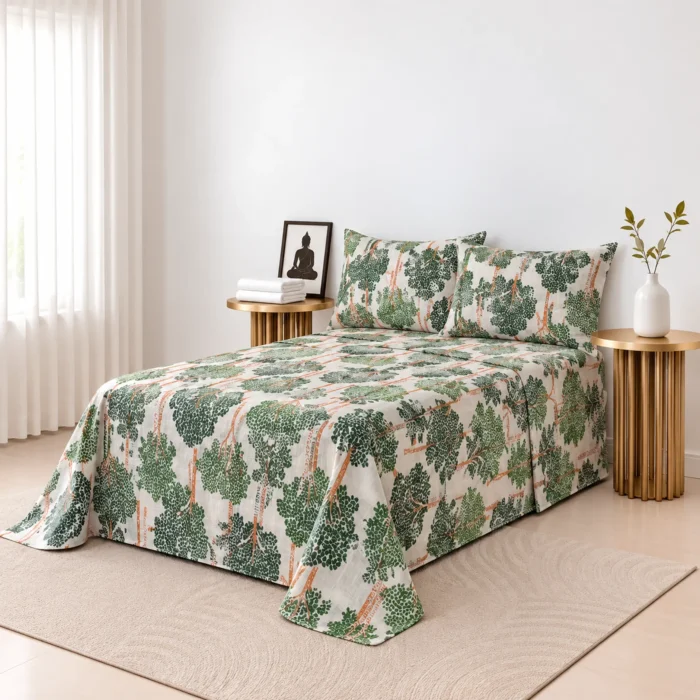 Nature-inspired green tree print cotton single bedspread