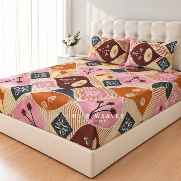Earthy harmony geometric floral queen fitted bedspread with 2 matching pillow covers