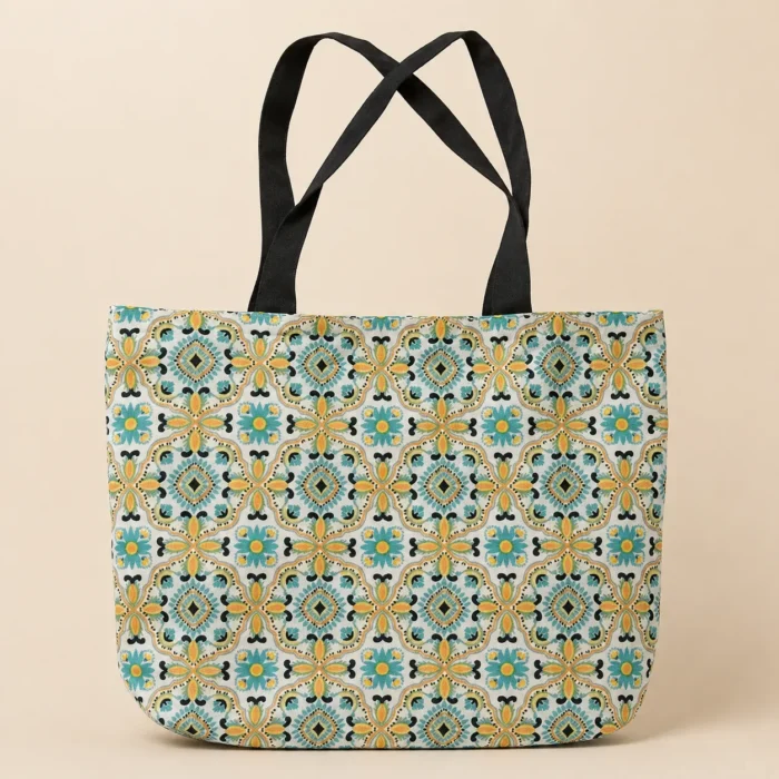 Premium blue floral geometric printed soft cotton tote bag