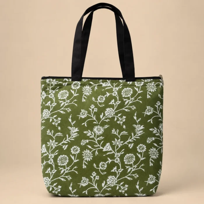 Premium olive green floral printed soft cotton tote bag with zipper