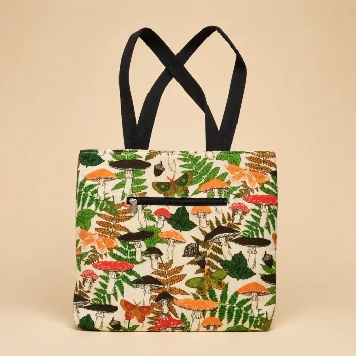 Premium mushroom and leaf printed soft cotton tote bag with black handles