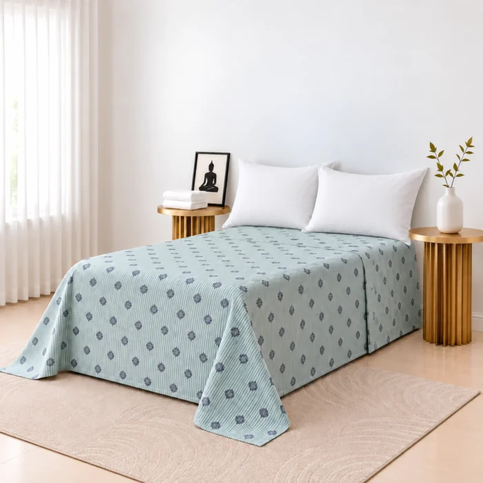 Mint green striped printed single bedspread