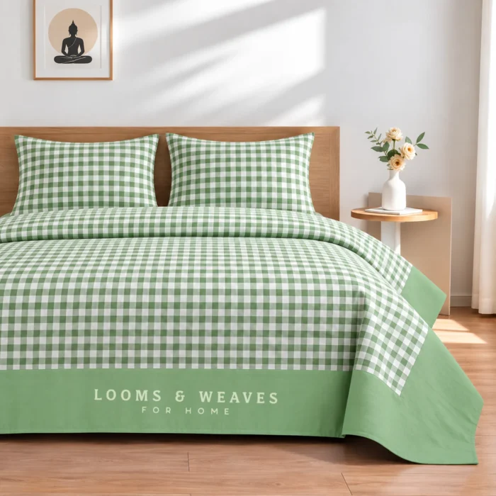 Sage green gingham check King border bedspread with 2 pillow covers