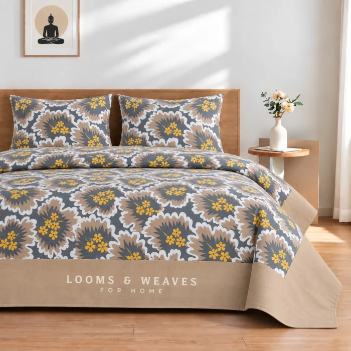 Grey and mustard floral Queen border bedspread with 2 pillow covers