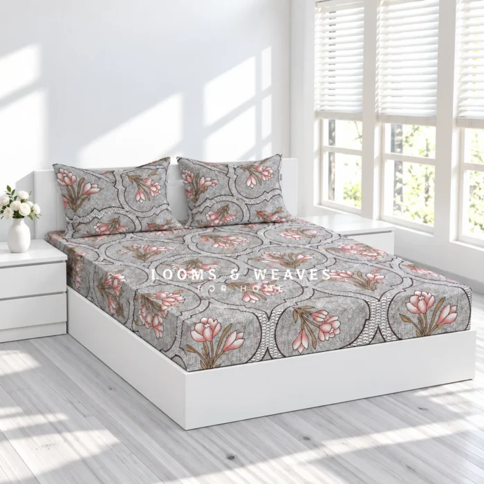 Grey lotus paisley king fitted bedspread with 2 matching pink floral pillow covers