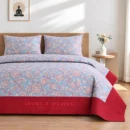 Light blue floral paisley Queen bedspread with red border