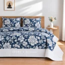 Navy blue floral King border bedspread with 2 pillow covers
