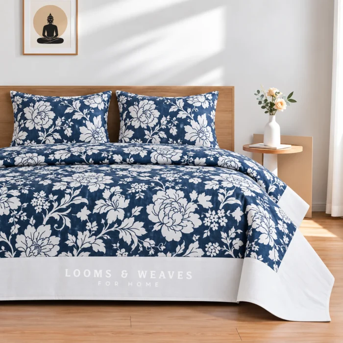 Navy blue floral King border bedspread with 2 pillow covers