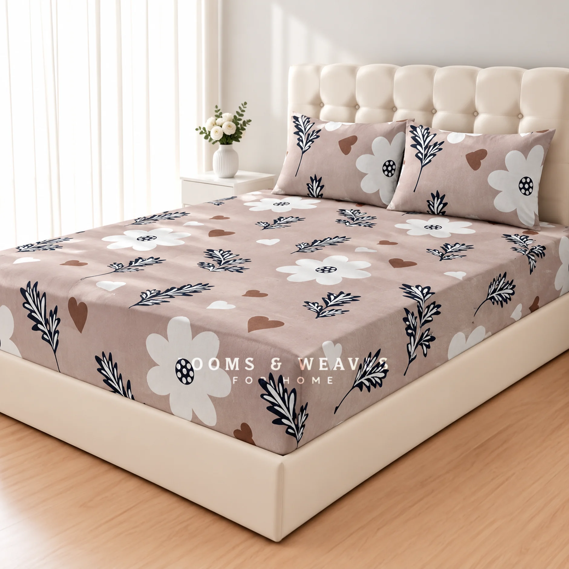 Mocha beige floral queen fitted bedspread with 2 matching pillow covers