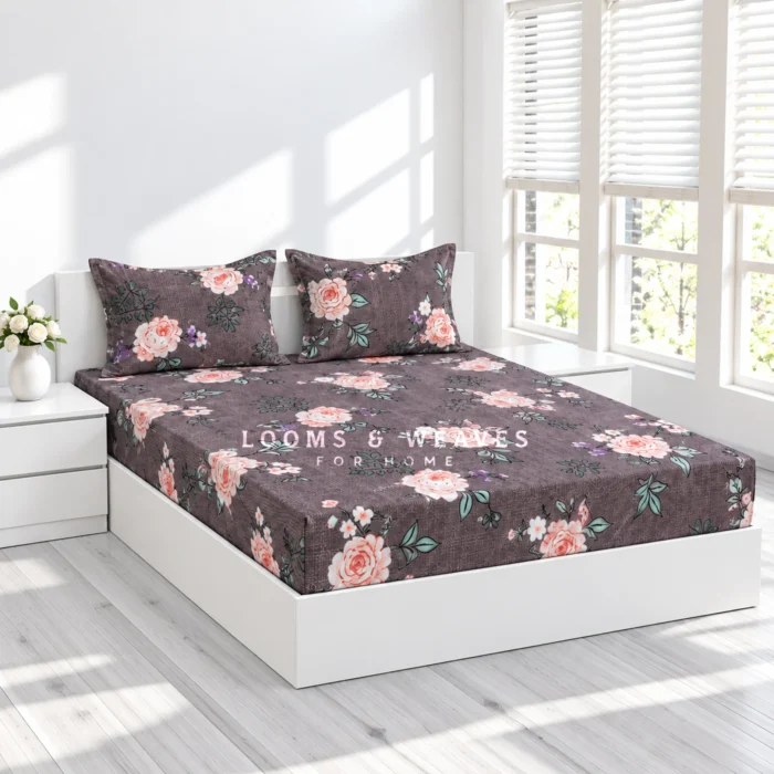 Mocha brown rose floral king fitted bedspread with 2 matching pillow covers