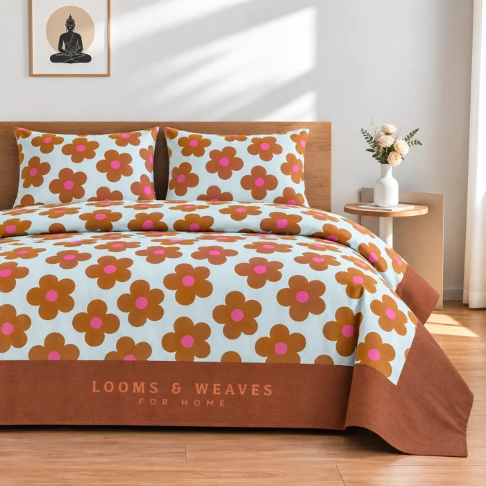 Mustard floral Queen border bedspread with 2 pillow covers