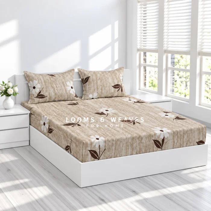 Natural beige daisy leaf king fitted bedspread with 2 matching pillow covers
