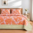 Orange floral and bird print Queen border bedspread with 2 pillow covers