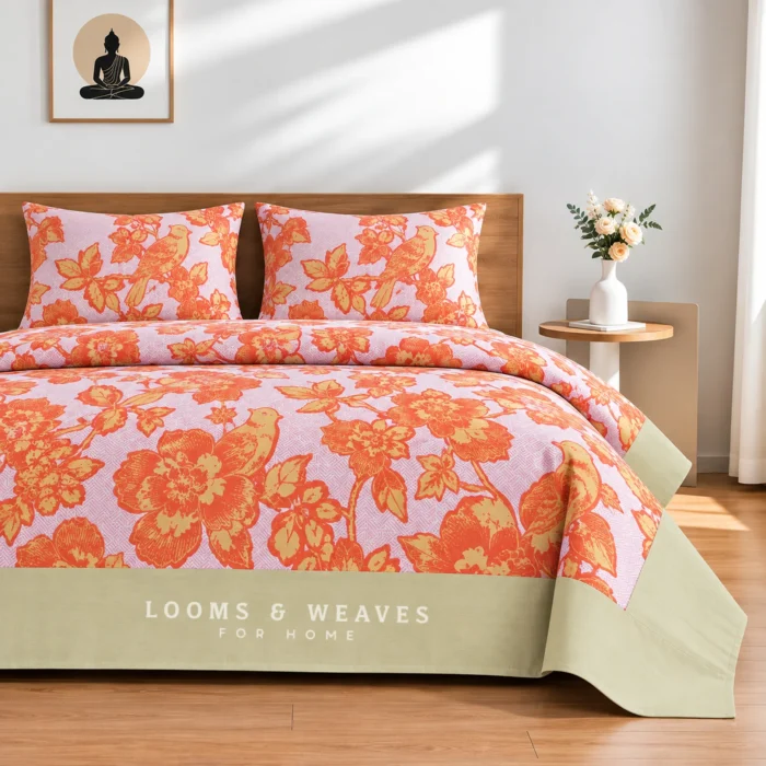 Orange floral and bird print Queen border bedspread with 2 pillow covers