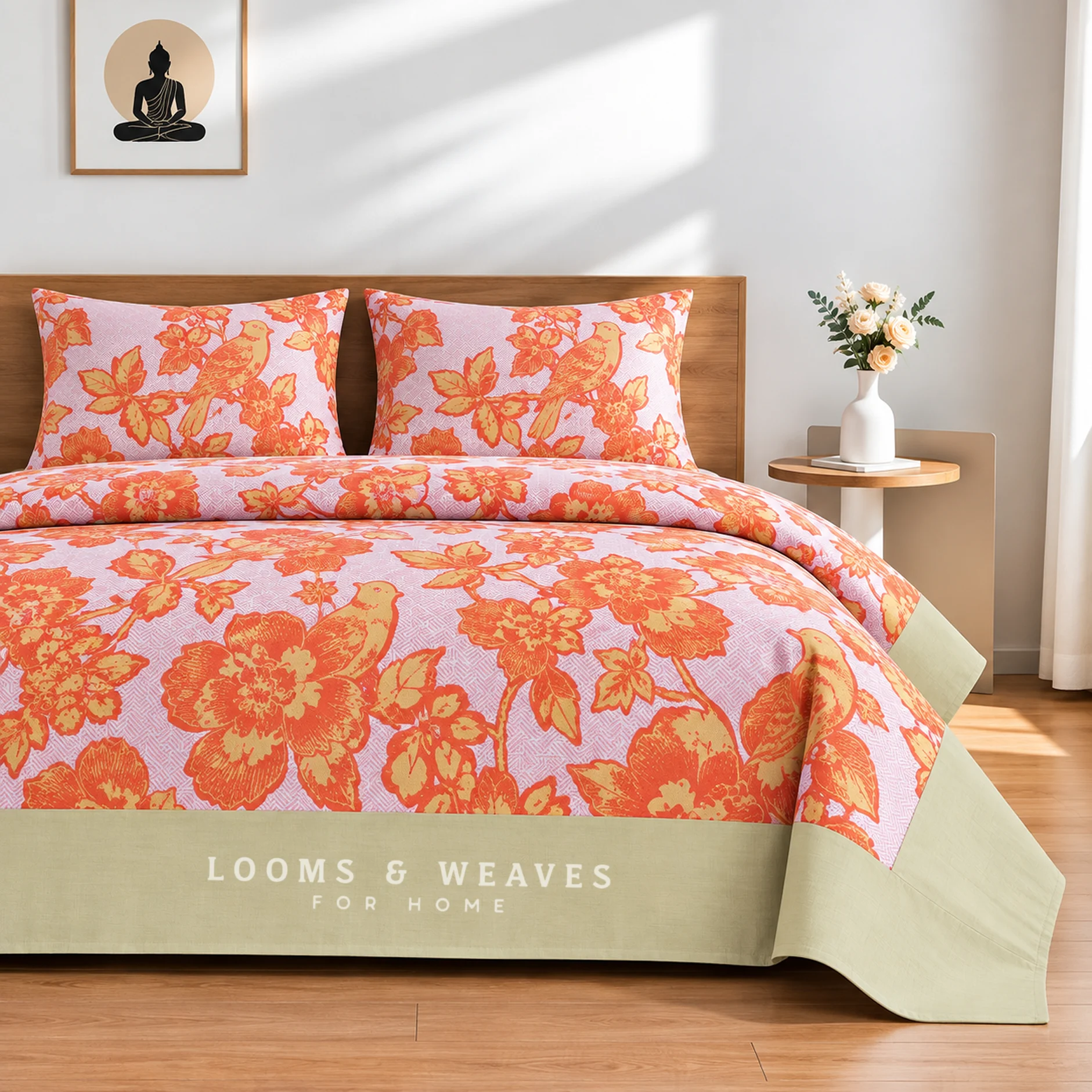 Orange floral and bird print Queen border bedspread with 2 pillow covers